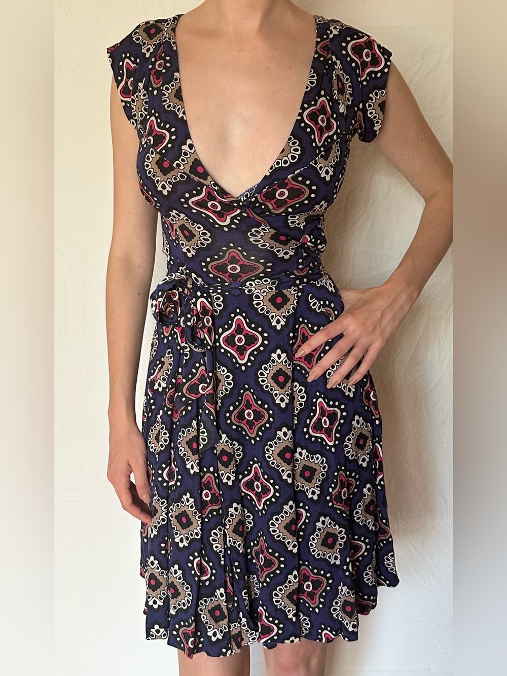 Diane Von Furstenberg Navy Wrap Dress with Pink and Cream Accents